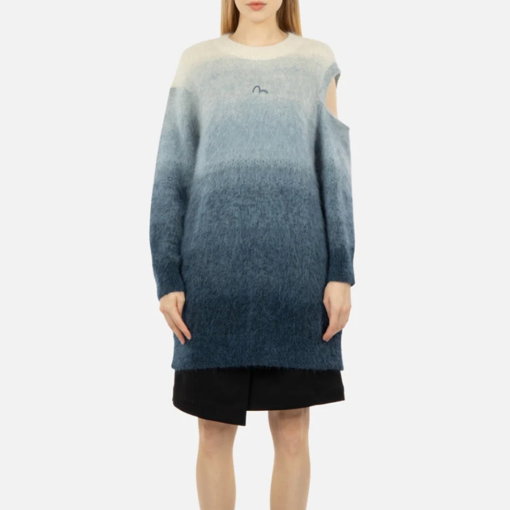 Evisu Kuro Mohair Wool Blend Cut Shoulder Gradient Ombre Sweater Dress Sz S Hype